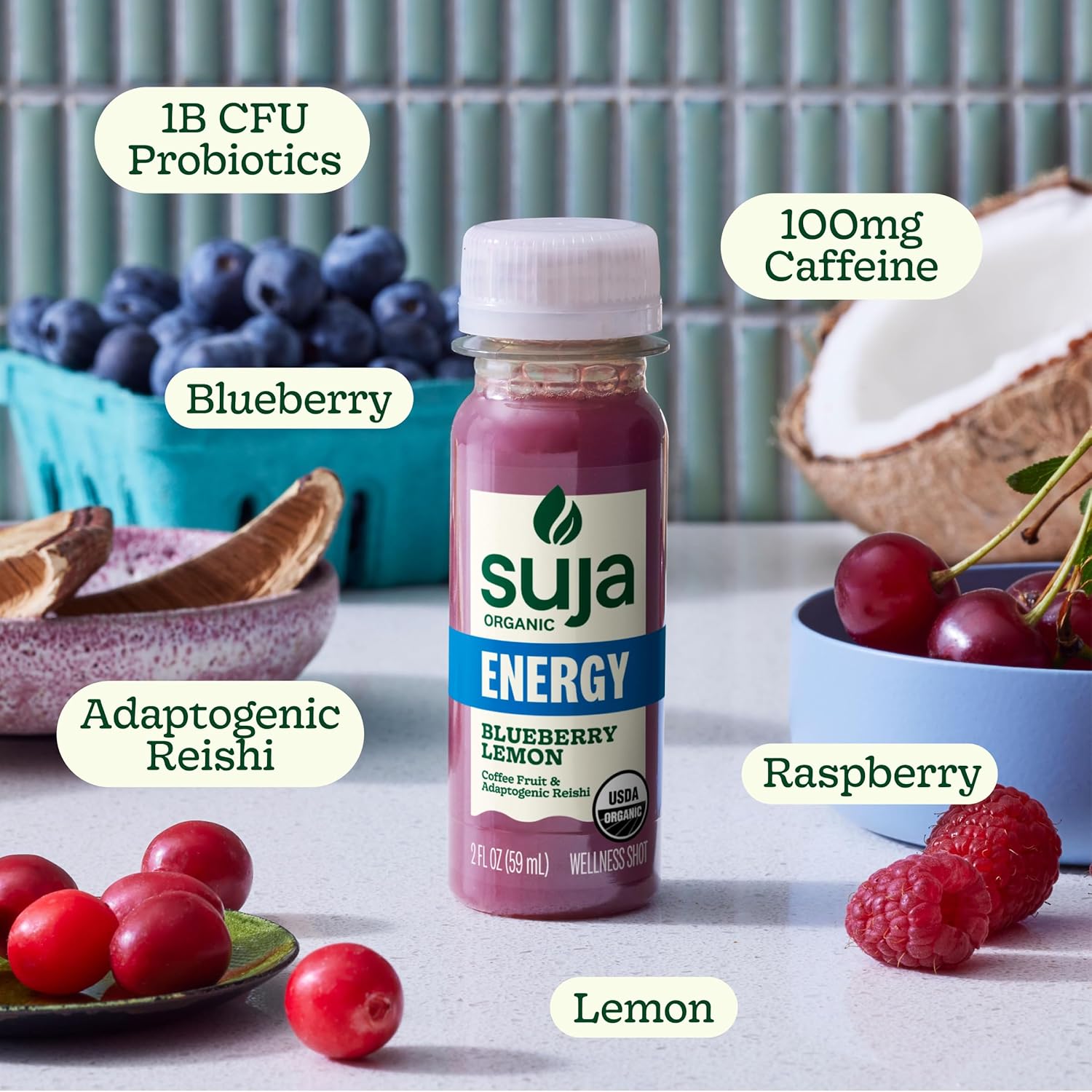 Suja Organic Energy Shot with Coffee Fruit & Reishi Mushroom | 100mg Natural Caffeine | Functional Shots | Cold-Pressed Juice with Live Probiotics | Plant-Based & Gluten Free