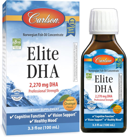 Carlson - Elite DHA, 2270 mg DHA, Professional Strength, Norwegian Fish Oil Concentrate, Cognitive Function & Vision Support, Orange, 100 mL