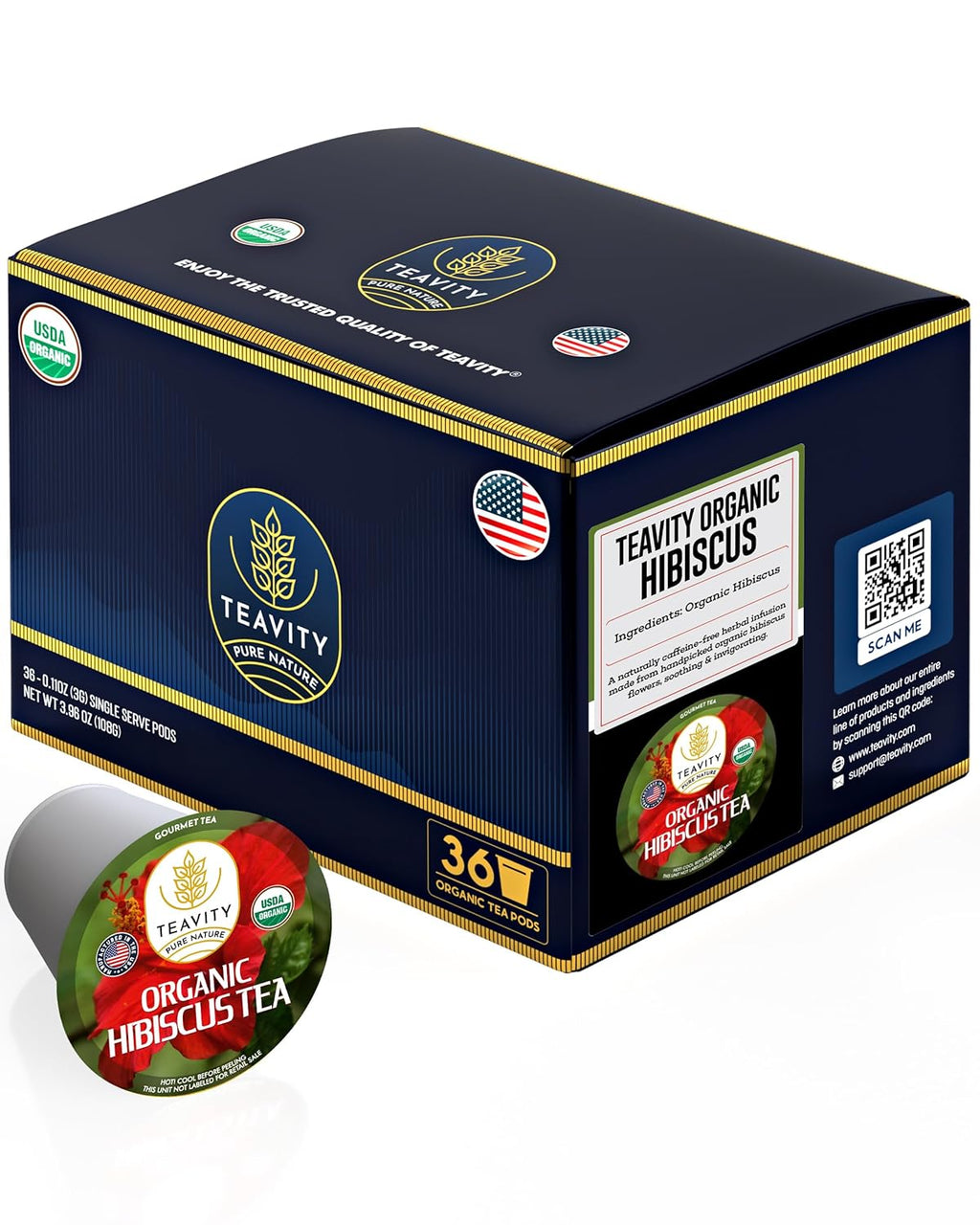 Organic Hibiscus Sabdariffa Tea Organic Naturally Decaf Tea Pods for Keurig by Teavity (36 Tea Pods)