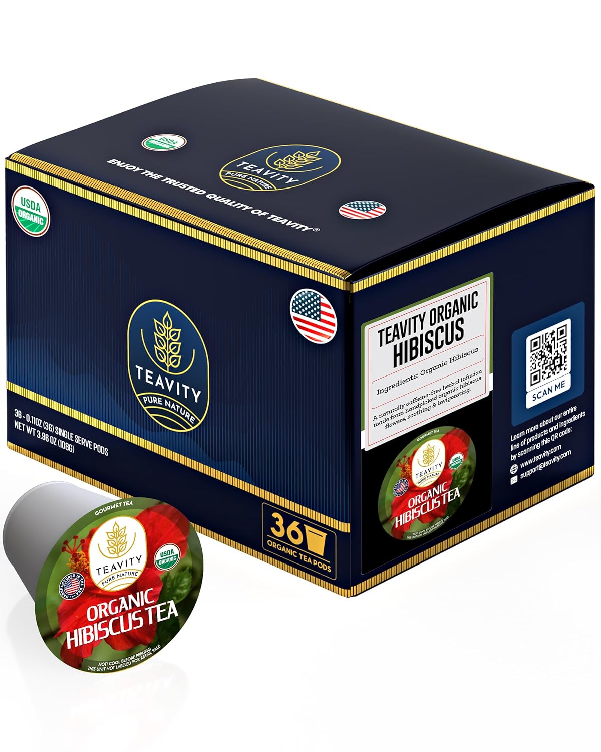 Organic Hibiscus Sabdariffa Tea Organic Naturally Decaf Tea Pods for Keurig by Teavity (36 Tea Pods)