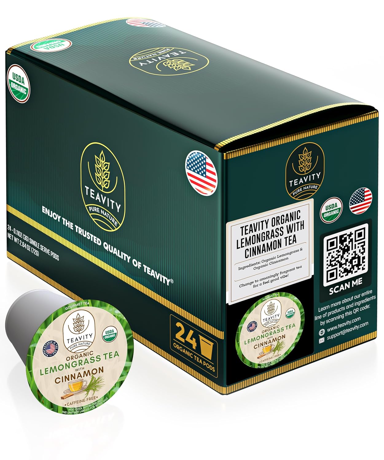Teavity Organic Lemongrass and Cinnamon Tea Pods for Keurig - 24 Pods