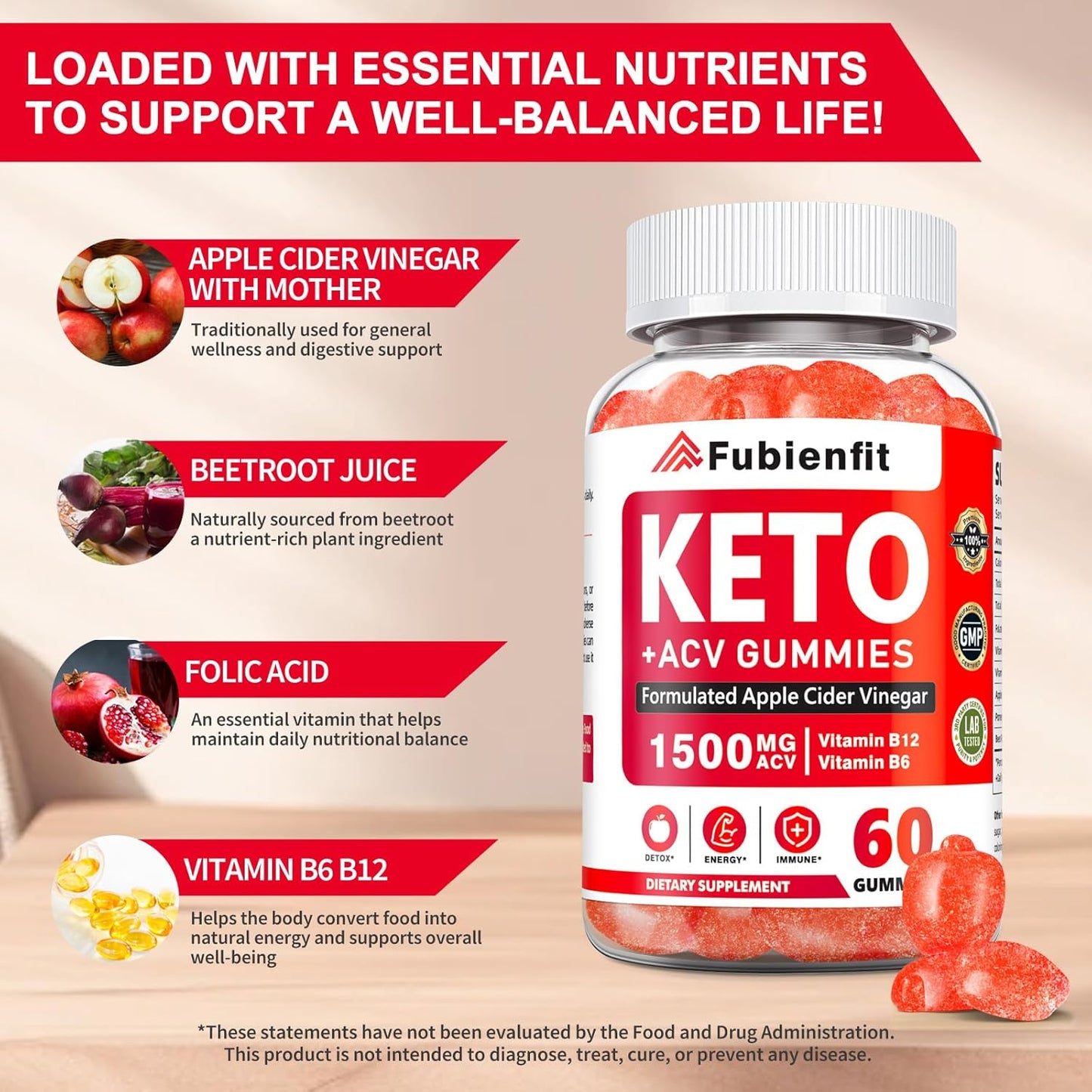 Apple Cider Vinegar Gummies with Mother – ACV Gummies with B Vitamins, Pomegranate & Beet Root – Daily Wellness & Digestive Balance – Vegan, Sugar-Free Supplement, 60 Ct