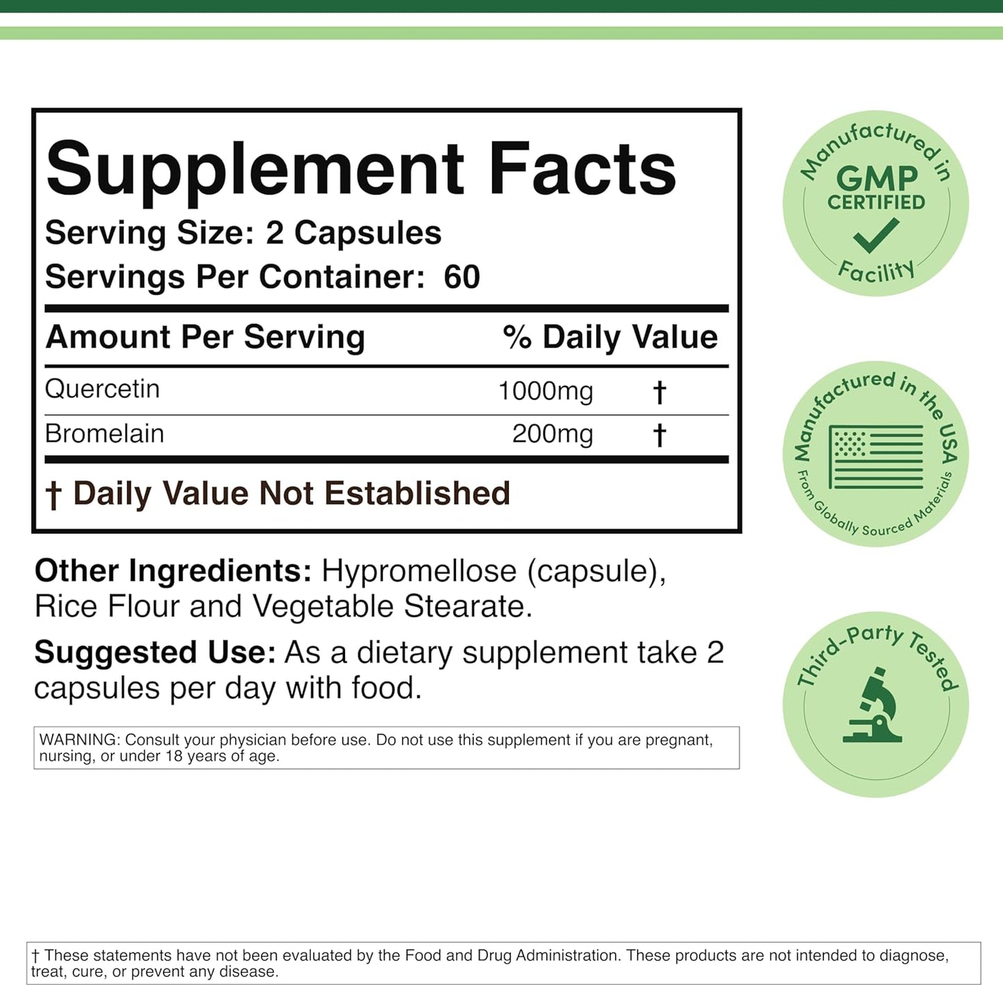Quercetin with Bromelain - 120 Count (1,200mg Servings) Immune Health Capsules - Supports Healthy Immune Functions in Men and Women (Vegan Safe, Third Party Tested, Gluten Free) by Double Wood