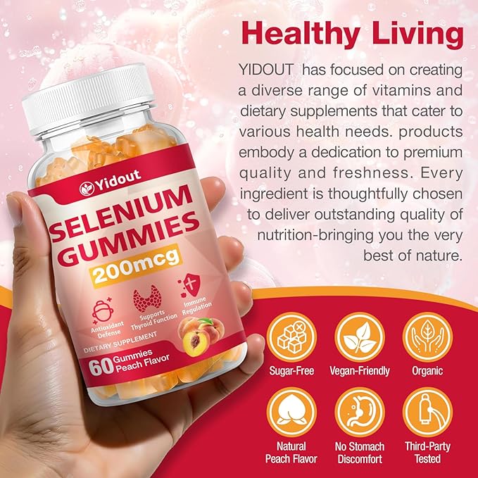 Selenium Supplement for Thyroid Support Gummies 200mcg as Energy Booster for Women and Men, Peach Flavor (60 Count（Pack of 1）)