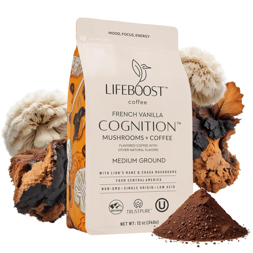 Lifeboost French Vanilla Cognition Mushroom Coffee - Low Acid Medium Organic Coffee with Nootropic Lions Mane & Chaga Mushrooms - Increase Energy, Boost Focus & Immune Support - 12 oz Bag - Ground