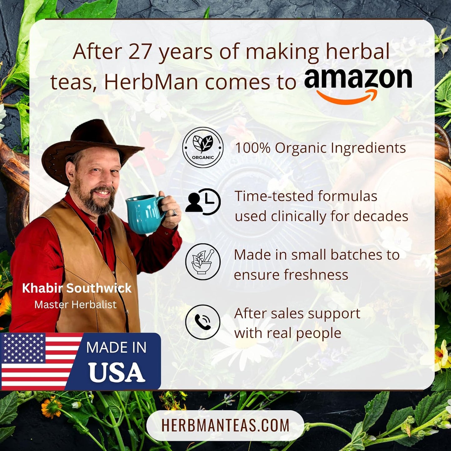 HAPPY TEA — Pleasant Organic Herbal Blend for a Feel-Good Daily Boost — by Master Herbalist Khabir — 100% Organic, Non-GMO, No Additives