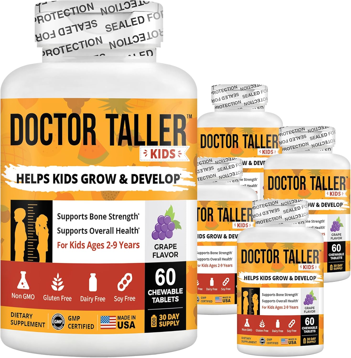 Doctor Taller Kids - Kids Multivitamins, Toddler Vitamins - Support Healthy Bone Growth and Bone Strength for Ages 2 to 9 - Grape Flavor - 60 Vegan Chewable Tablets | 6 Pack