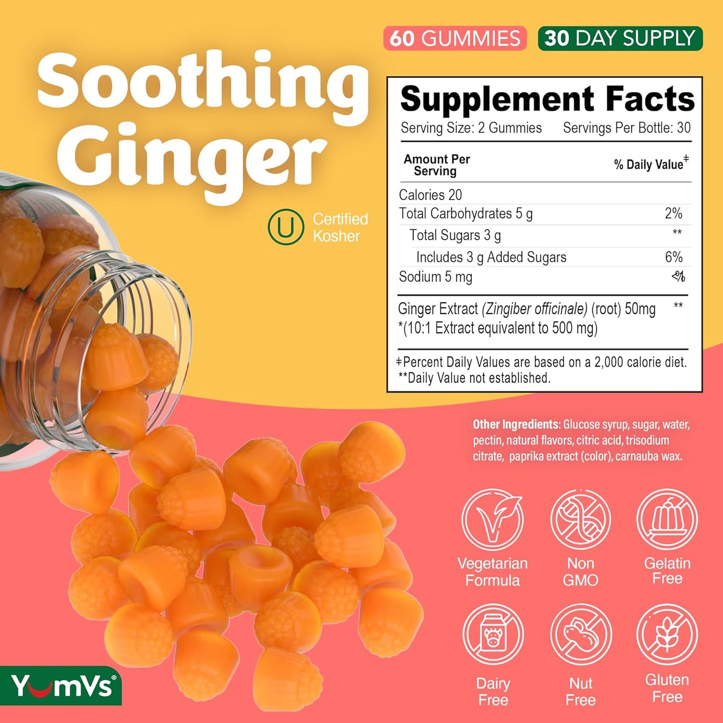 YumVs Ginger Gummies – 500 mg Ginger Root Extract – Peach Flavor, 60 Count – Natural Nausea Relief, Digestion & Immune Support – Ginger Supplement for Women & Men – Vegan, Non-GMO, Gelatin-Free