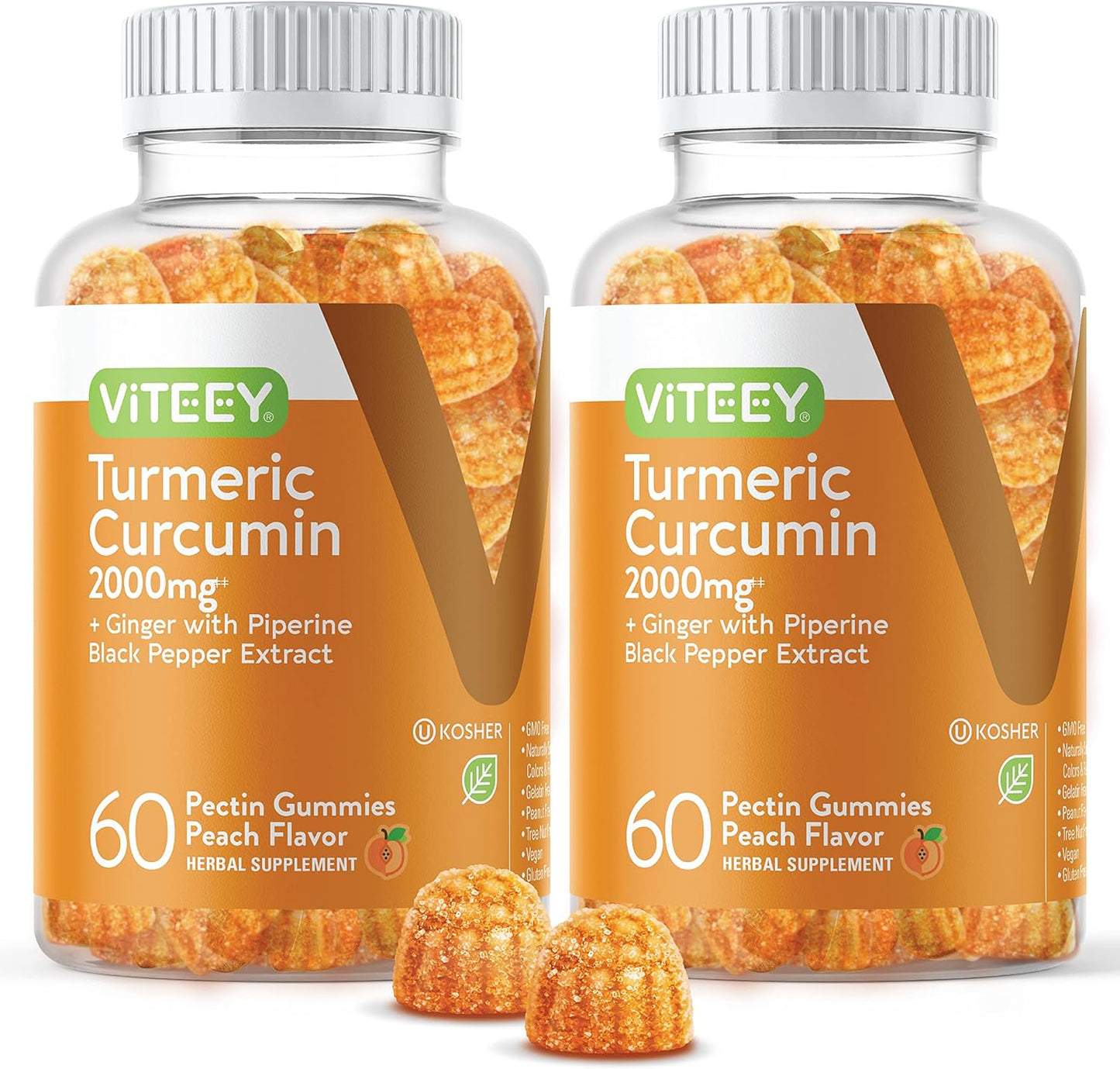 Turmeric Curcumin Gummies with Ginger & Black Pepper Herbal Supplement, 2000mg, Immune Support, Healthy Skin, and Joint Health, Vegan, Pectin Based, for Adults and Teens - Chewable Peach Flavor(2Pack)