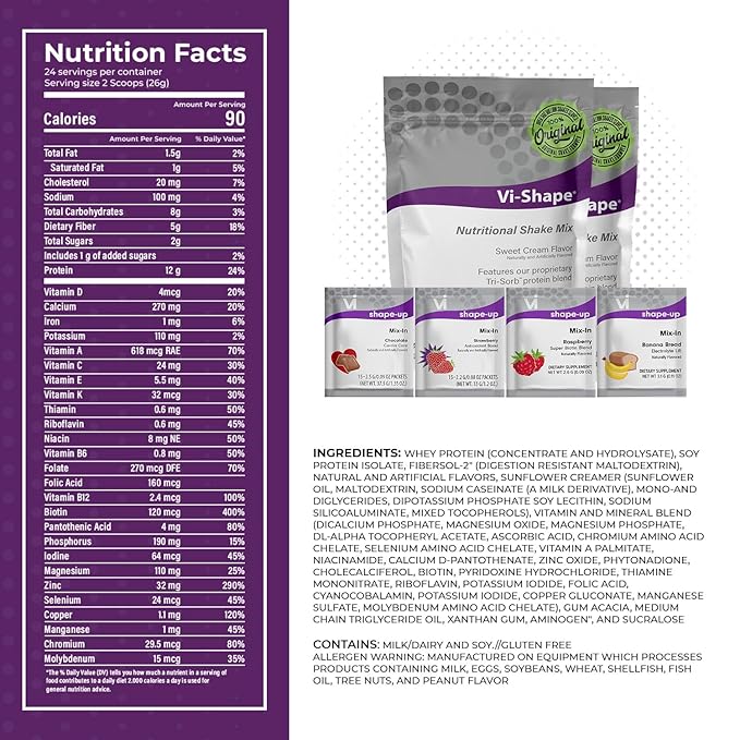Vi-Shape - 4 Flavor Variety Pack Nutritional Meal Replacement Shake Mix-Ins - Chocolate, Strawberry, Raspberry, Banana Bread - 60 Mixed Flavor Packets