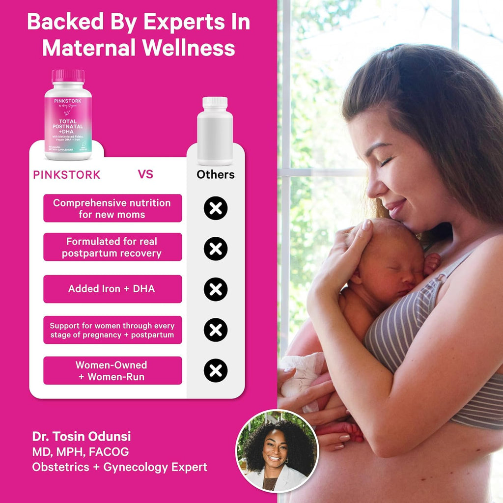 Pink Stork Total Postnatal Vitamins for Women | Vegan DHA, Methylated Folate, Iron, + Vitamin B12 | Postpartum Recovery Essentials + Breastfeeding Support | Mint, 1-Month Supply
