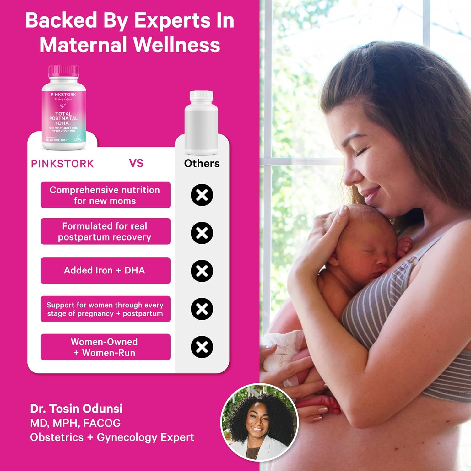 Pink Stork Total Postnatal Vitamins for Women | Vegan DHA, Methylated Folate, Iron, + Vitamin B12 | Postpartum Recovery Essentials + Breastfeeding Support | Mint, 1-Month Supply
