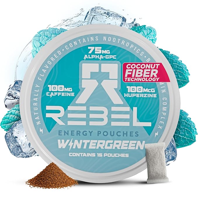 Nootropic Energy Caffeine Pouches (Wintergreen) • 100mg Caffeine • Alpha GPC • Huperzine A & Essential Vitamins • Sugar-Free • Coconut Fiber Technology • 15 Pouches Per Can (Pack of 1)