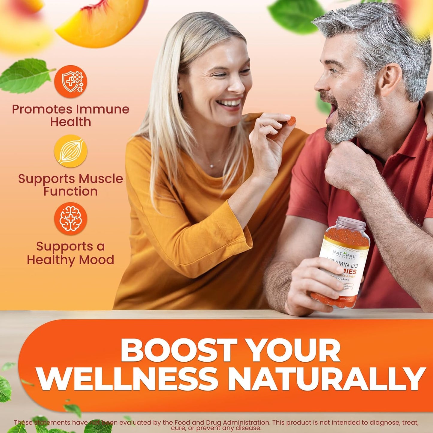 Sugar Free Vitamin D3 K2 Gummies - Vitamin D3 Gummies 5000 IU+K2 MK7 80 mcg, K2 D3 Vitamin Supplement Adults, Vitamin D K2 for Bones, Immune, Heart, Mood, Gluten-Free, Non-GMO, Natural Peach Flavor