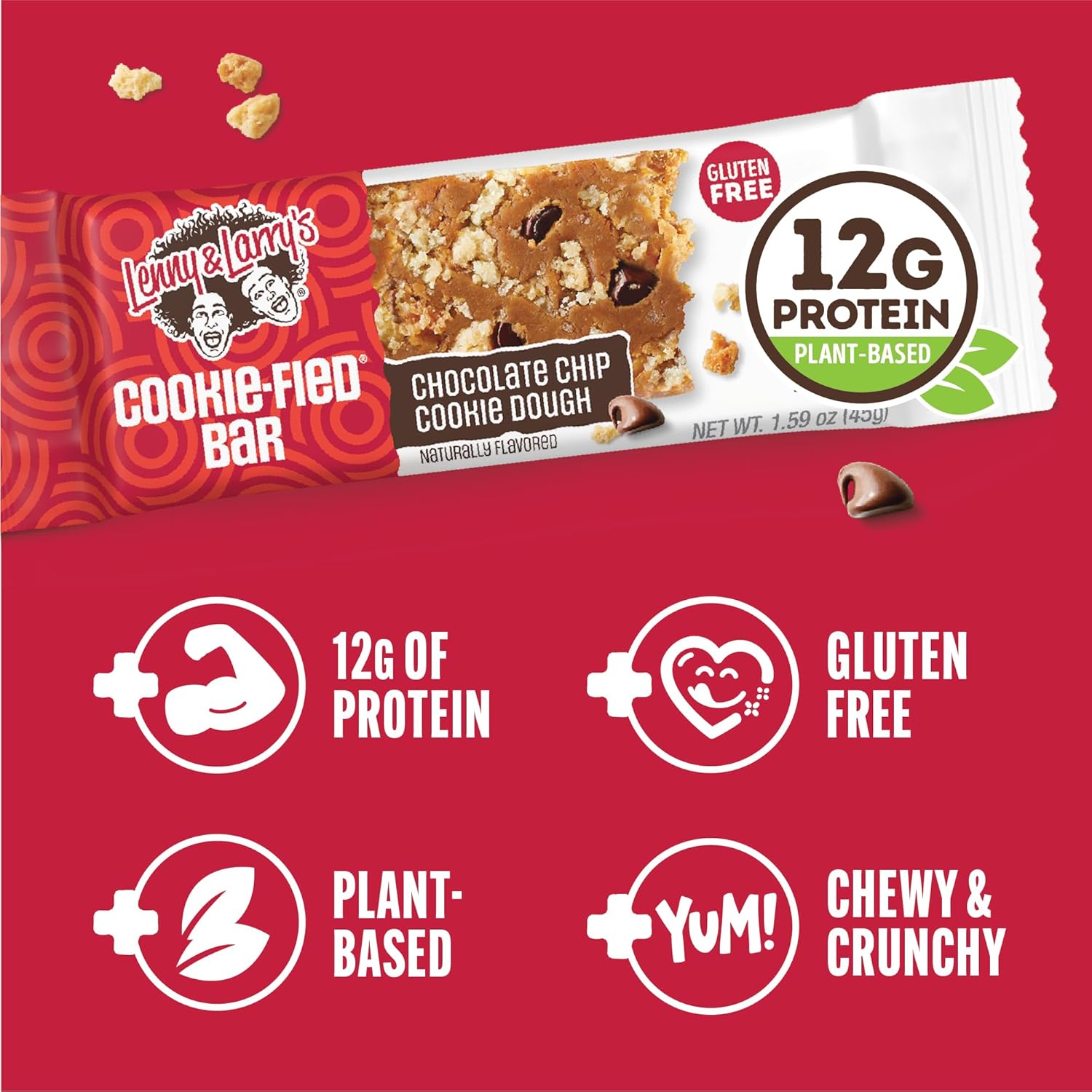 Lenny & Larry's Cookie-fied Bar – Chocolate Chip Cookie Dough Vegan Protein Bars 9x45g – Healthy Snacks with 12g Plant Protein & 5g Fiber – Gluten free Power Bar, Keto Friendly, Non-GMO & Vegan