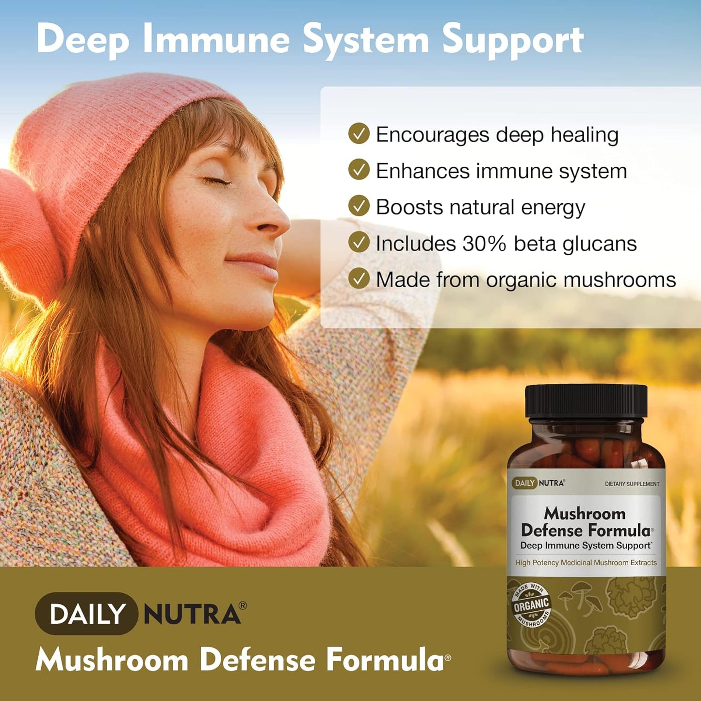 DailyNutra Mushroom Defense Formula - Immune Support Supplement | Organic Mushrooms, Hot Water Extracted - Reishi, Chaga, Maitake, Shiitake & Turkey Tail (90 Capsules)