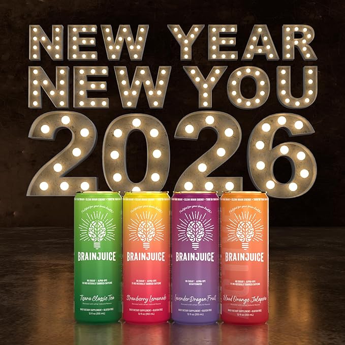 BrainJuice Variety Pack, Daily Brain Supplement Drink with Vitamins, Amino Acids & Natural Green Tea | Sugar-Free, Vegan, Gluten-Free, Non-GMO, 12 fl oz (4-Pack)
