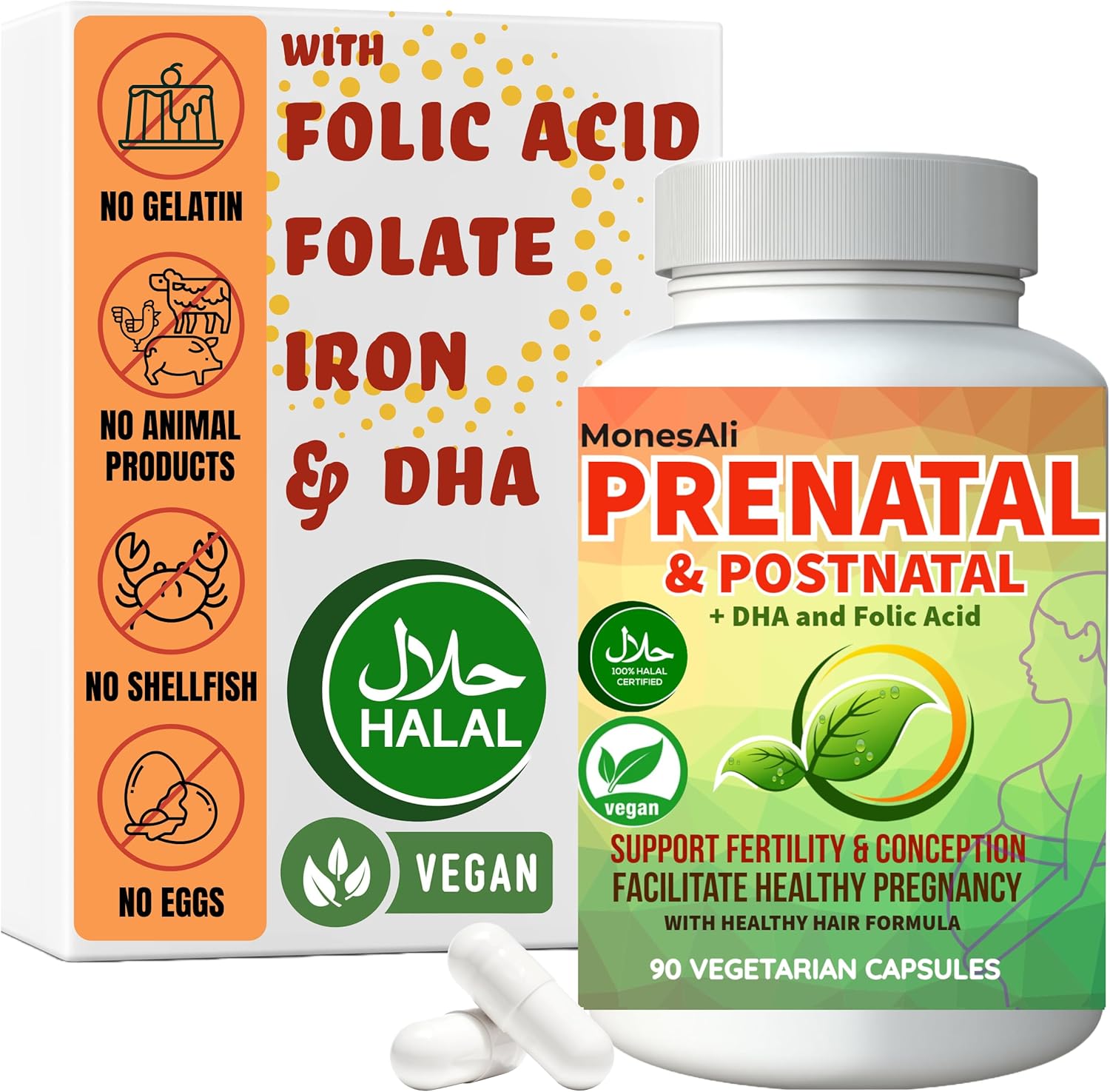 Prenatal Vitamins for Women | Postnatal | Vegan, Halal Gelatin Free | with Folate, Iron & Biotin | Supports Pregnancy, Postpartum Energy & Hair Health, 90 Count