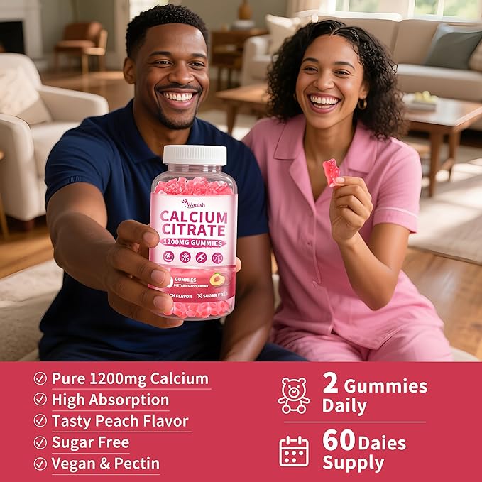 (2 Pack) Calcium Citrate 1200 mg Gummies Supplements for Women & Men,Pure Calcium Citrate Gummies for Bone, Muscle & Immune Support - Easy to Digest, Sugar Free,Vegan,Peach Flavor,60 Day Supply