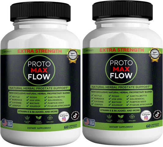 Proto Max Flow Extra Strength Prostate Support, Natural Herbal Supplement with Saw Palmetto, 60 Capsules (2)