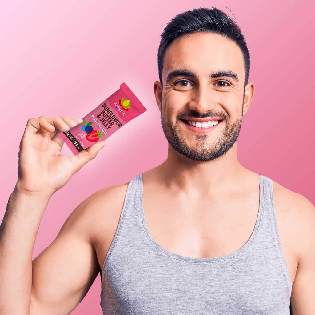 Amrita Nut Free Sunflower Butter & Jelly Vegan Protein Bars (12 Count) | 15g Plant-Based Protein Bar | Peanut Free, Gluten Free, and Dairy Free | Low Sugar, High Fiber, Healthy School-Safe Snacks