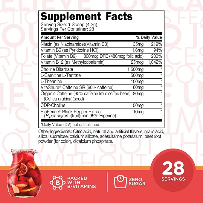 TransformHQ Energy & Focus Powder (Fruit Punch) - Boost Shot Clean Energy Drink Mix - Sugar Free - Non-GMO, Gluten-Free - 28 Servings