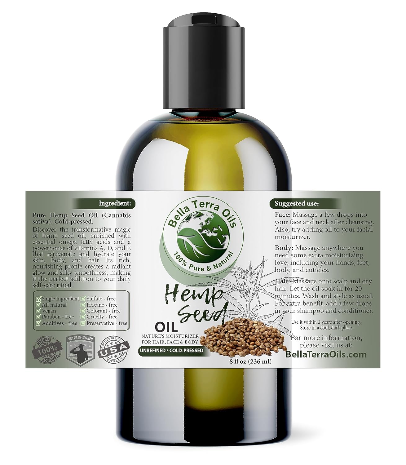 Bella Terra Oils - Hemp Seed Oil 8 oz - Cold-Pressed & Nutrient-Rich, Infused with Phytosterols, Potassium & Calcium for Skin & Hair Care