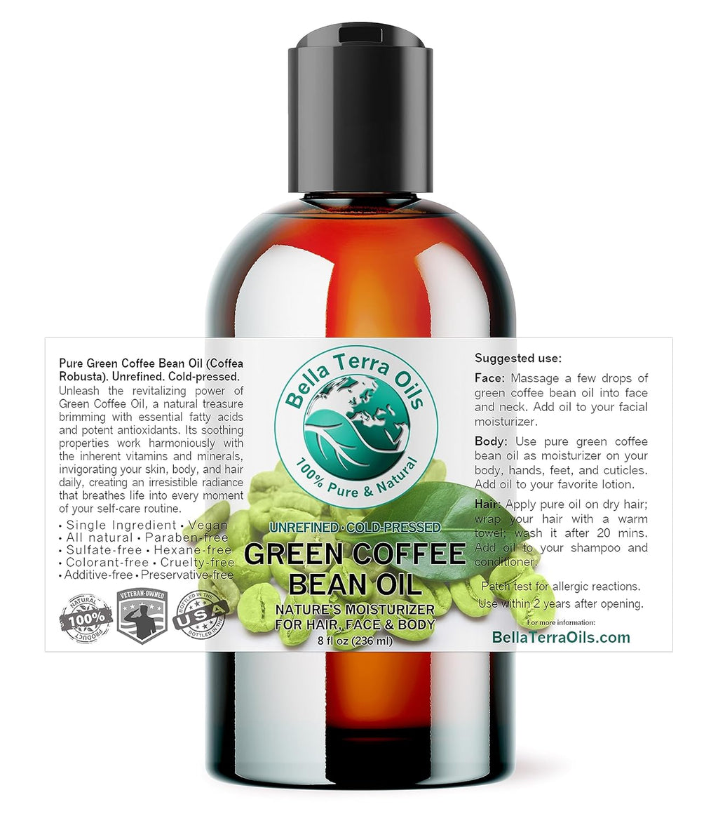 Bella Terra Oils - Green Coffee Bean Oil 8 oz - Famed for Trigonelline & Nutritional Compounds, Elevate Beauty Rituals with this Caffeine Oil Delight
