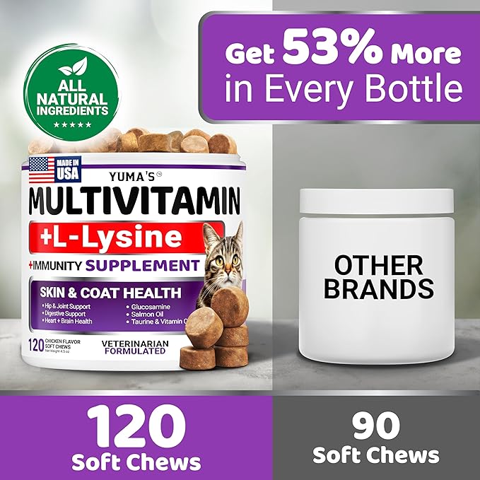Cat Multivitamin Chews - Cat Vitamins and Supplements - Taurine & Lysine for Cats - Omega-3, Glucosamine, Cranberry - Skin & Coat, Hip & Joint Support - Immune Health, Skin, Heart, Digestion