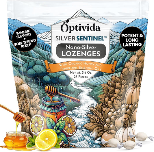 OPTIVIDA Health Colloidal Silver Lozenges with Honey & Lemon Oil (1 Pack) - Soothing Sore Throat Lozenges for Adults with Cough Relief & Fast-Acting Nano Silver Formula for Immune Support, 60 Ppm