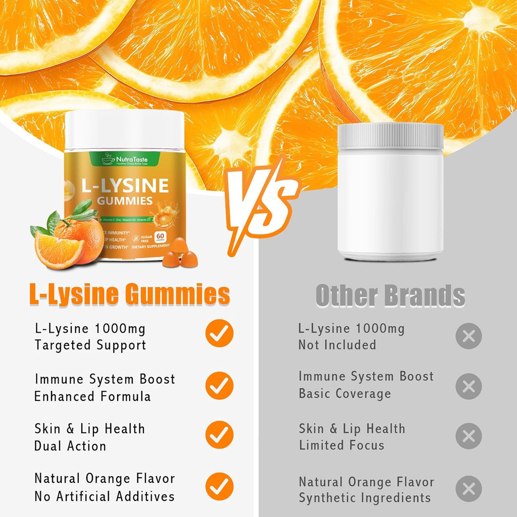 L-lysine Gummies 1000mg, Chewable Lysine Supplement with Vitamin C, D3, K2 & Zinc, Enhance Immunity, Lips & Skin Health, Collagen Growth, Sugar-Free, Gluten-Free, 60 Count (Pack of 1)
