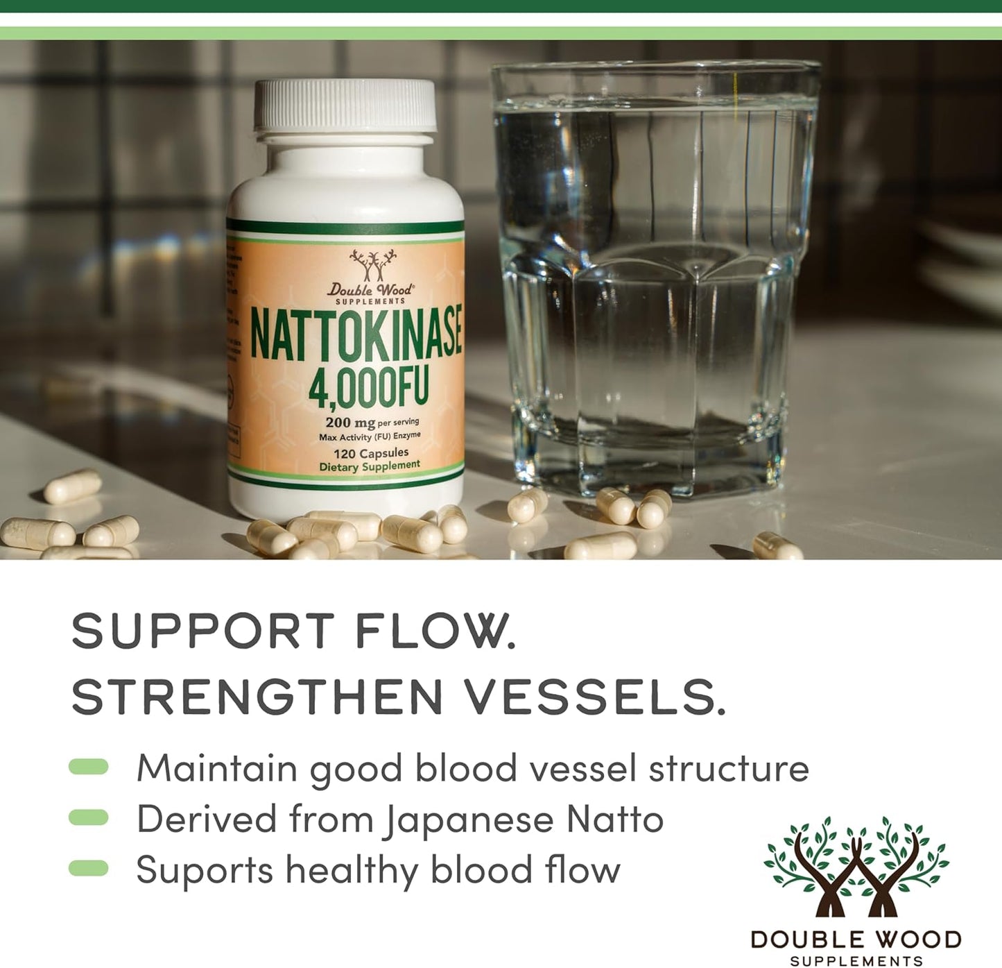 Nattokinase Supplement 4,000 FU Servings, 120 Capsules (Derived from Japanese Natto) Systemic Enzymes for Cardiovascular and Circulatory Support by Double Wood