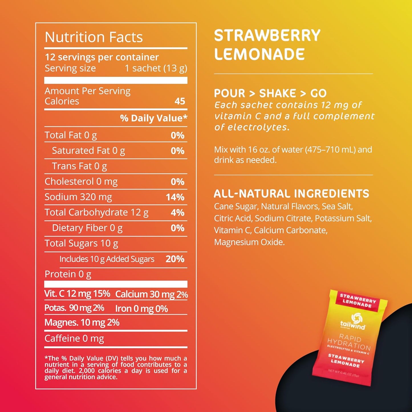 Tailwind Nutrition Rapid Hydration, Electrolyte & Hydration Powder, Vitamin C & Sea Salt Exercise Workout Mix, Strawberry Lemonade, Pack of 12 Sticks