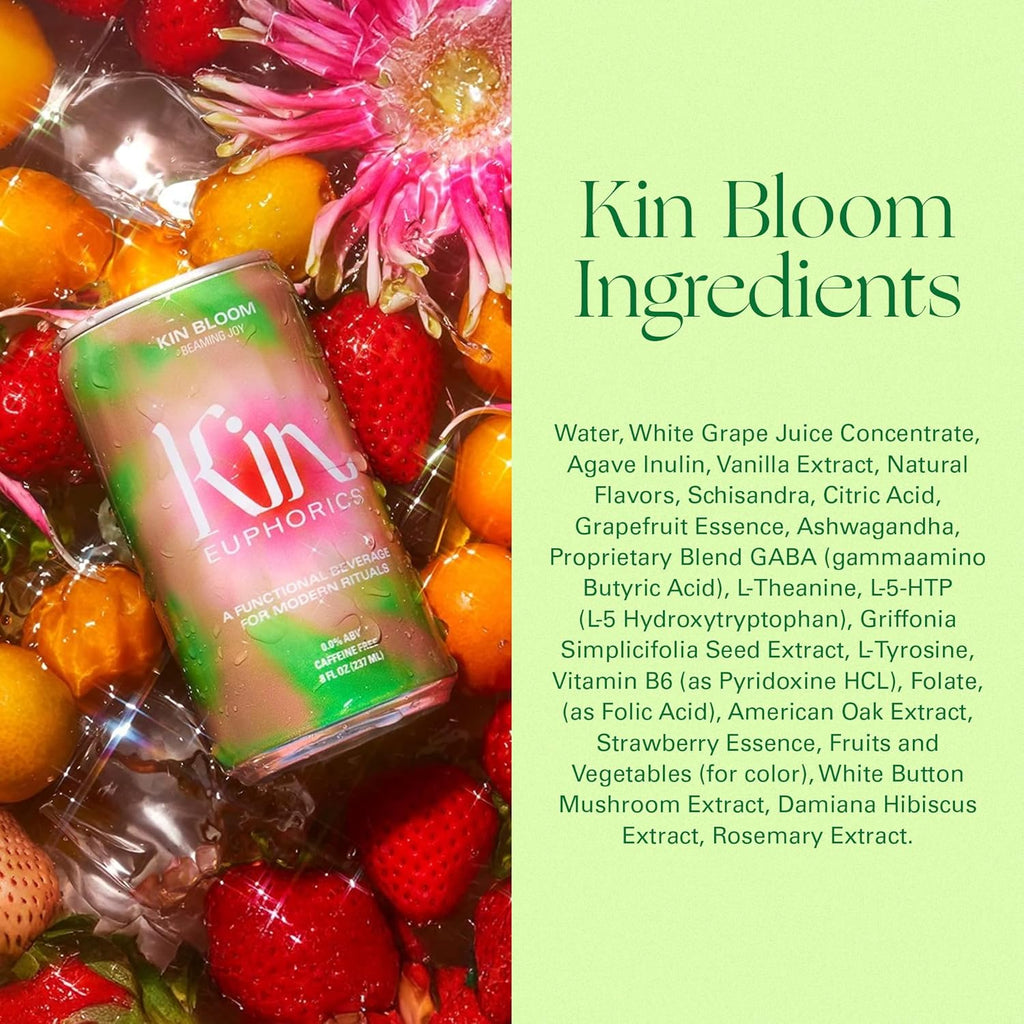 Kin Euphorics Kin Bloom Non-Alcoholic Functional Beverage | All day rosé | Elevate Your Mind & Spirit | Prebiotic | L-Theanine, Schisandra, Damiana | Ready to Drink | 8 Fl Oz (8pk)