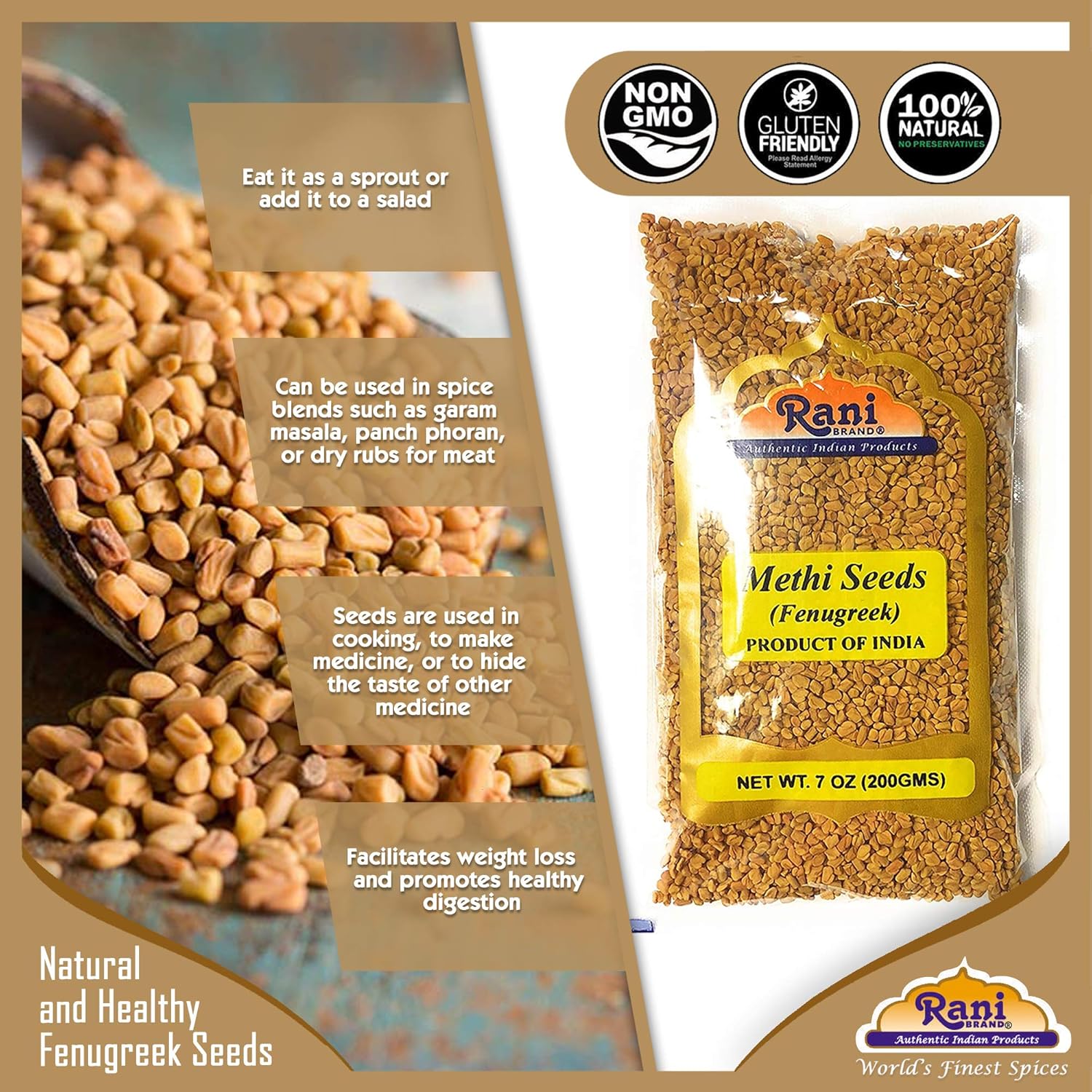 Rani Fenugreek (Methi) Seeds Whole 7oz (200g) Trigonella foenum graecum ~ All Natural | Vegan | Gluten Friendly | Non-GMO | Kosher | Indian Origin, used in cooking & Ayurvedic spice