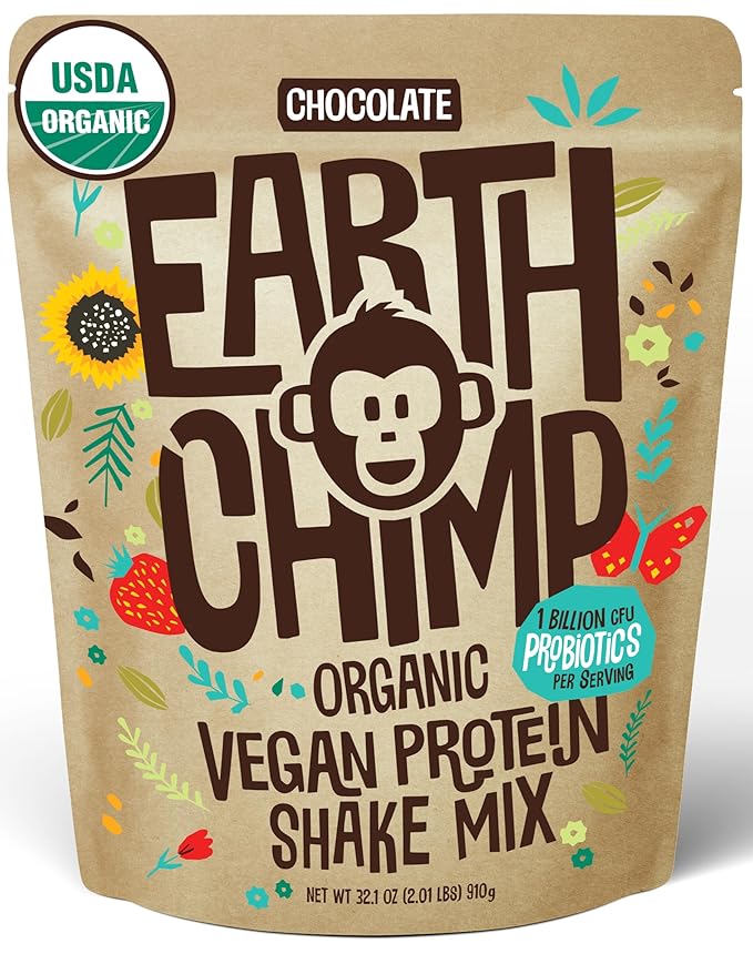EarthChimp Organic Vegan Protein Powder - with Probiotics - Non GMO, Dairy Free, Non Whey, Plant Based Protein Powder for Women and Men, Gluten Free - 26 Servings 32 Oz (Chocolate)