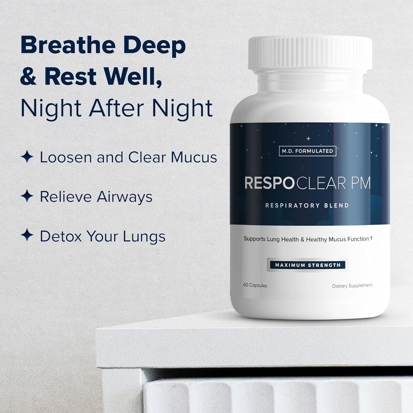 RespoClear PM (60 Caps): Nighttime Respiratory Lung Health & Sinus Support Supplement - Mullein Leaf and L-Theanine - Lung Detox for Smokers & Beyond - GMO-Free & Made in USA