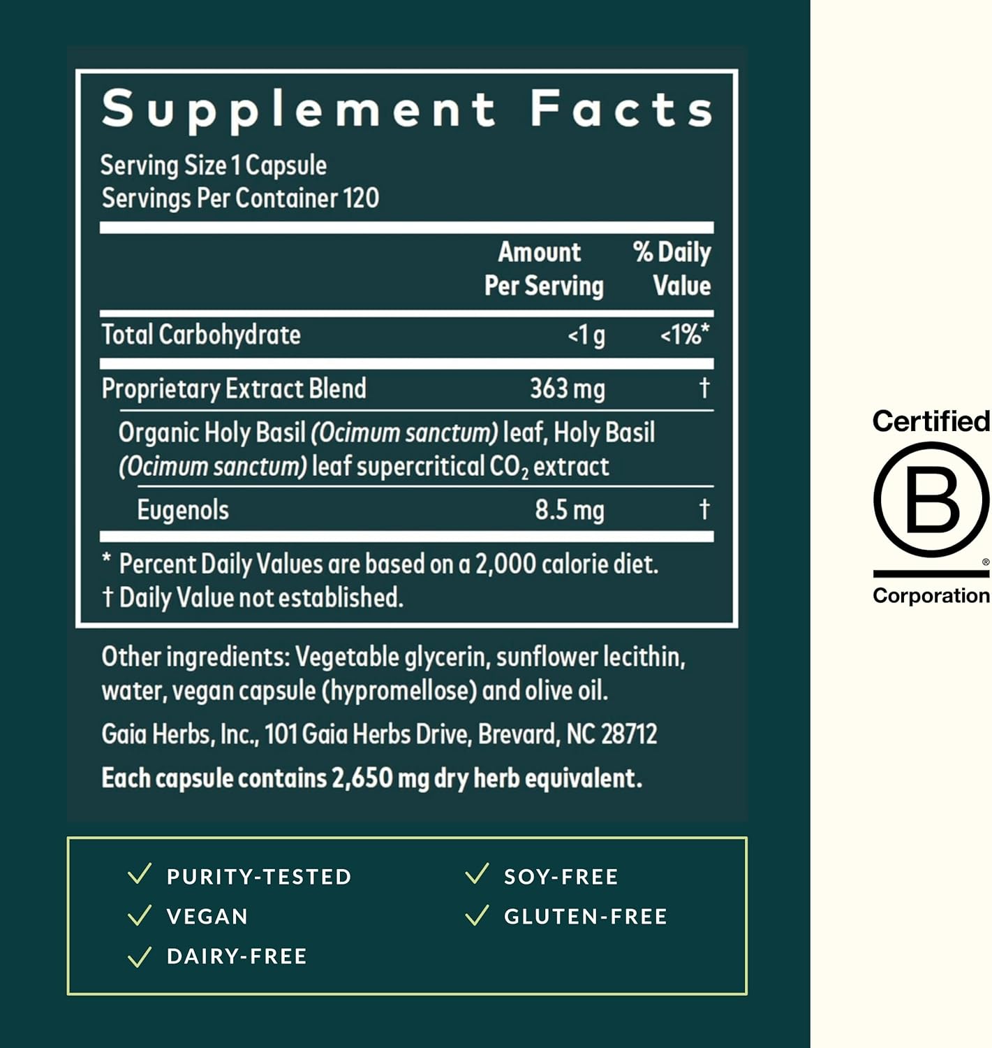 Gaia Herbs Holy Basil Leaf - Traditionally Used to Support Stress Response - Adaptogenic Ayurvedic Herb* - 120 Vegan Liquid Phyto-Capsules (60-Day Supply)