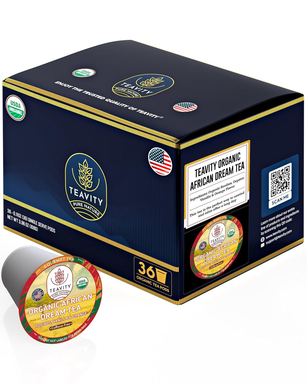 Organic Rooibos Tea Pods with Vanilla & Orange - Naturally Decaf Tea - African Dream by Teavity (36 Tea Pods)