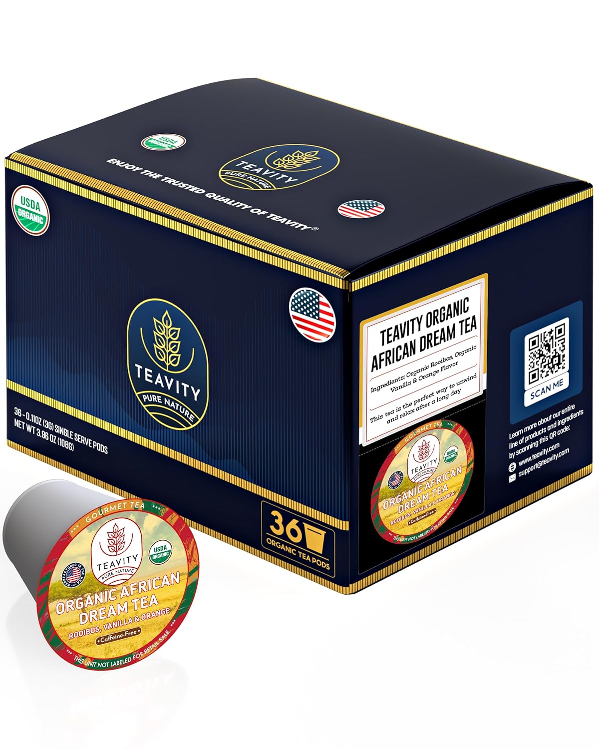 Organic Rooibos Tea Pods with Vanilla & Orange - Naturally Decaf Tea - African Dream by Teavity (36 Tea Pods)