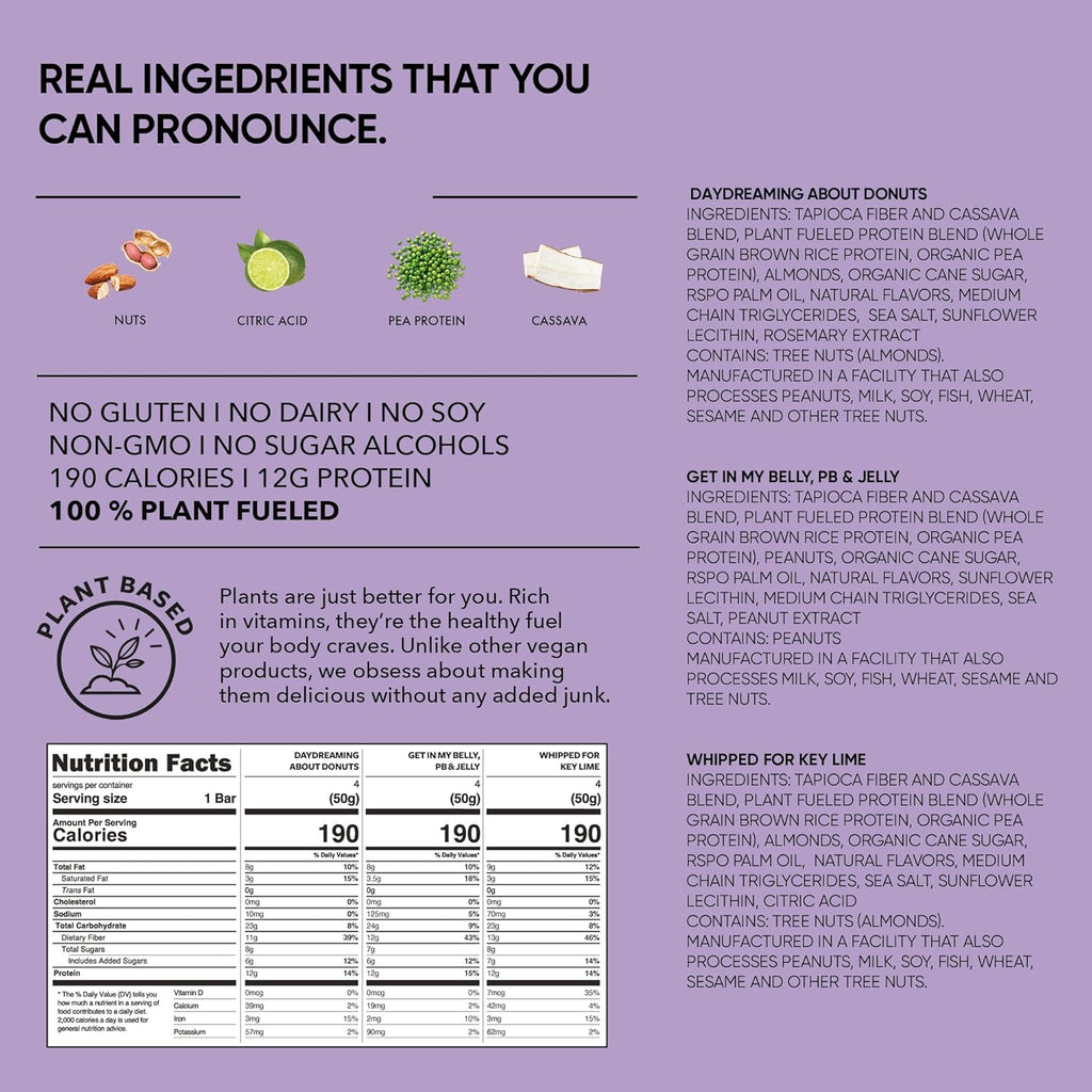 TRUBAR Vegan Protein Bar Variety Pack, Assorted Flavors, Donuts, PB & Jelly, Key Lime, Gluten Free, Vegan Protein Snacks, 12G Plant-Based Protein, High Fiber, Healthy Protein Bars, 12 CT