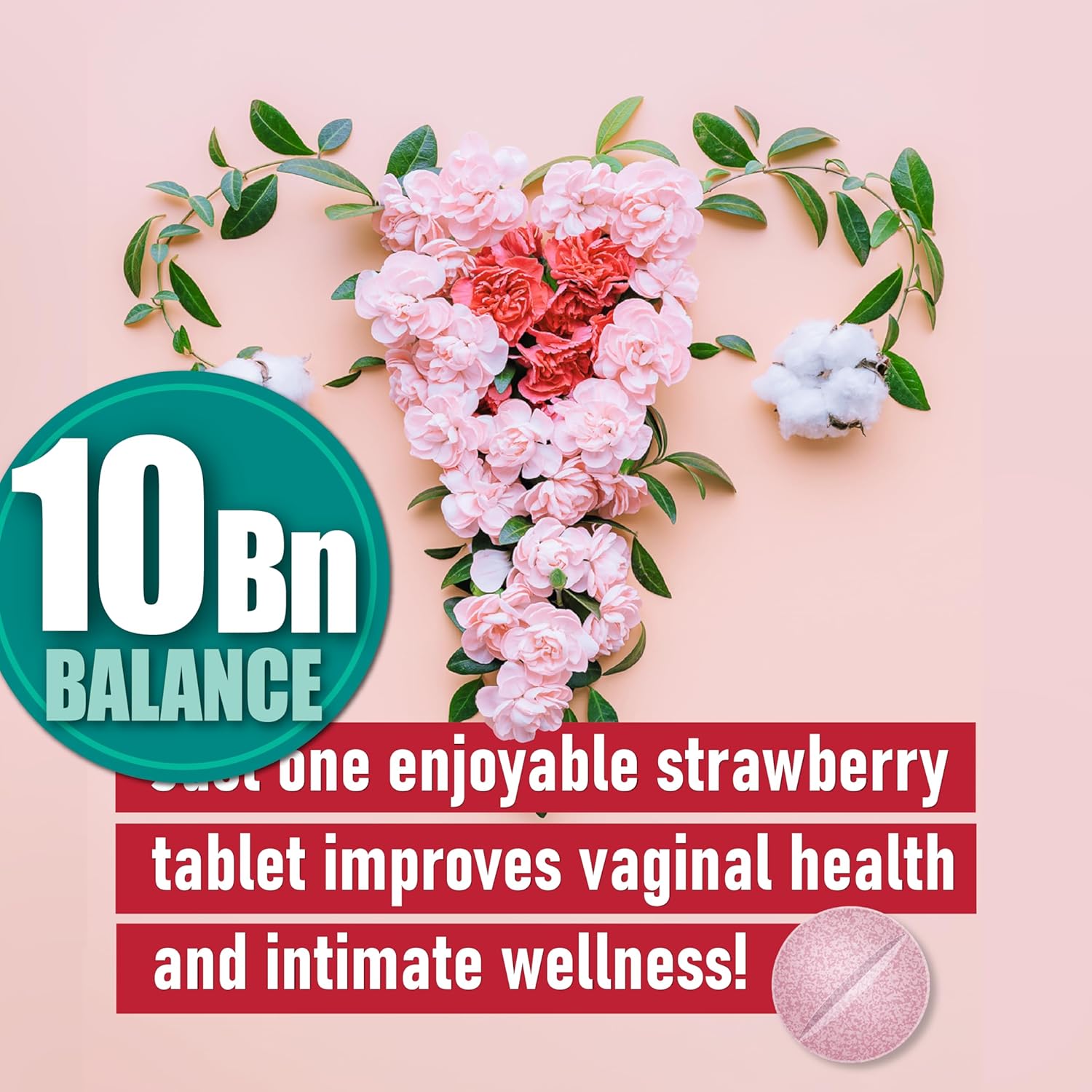 Chewable Vaginal Probiotics for Women 10 Billion CFU + Organic Prebiotics — Supports Vaginal Health, Maintains Vaginal pH Balance & Promotes Feminine Freshness, Strawberry-Flavored Tablets (60 counts)