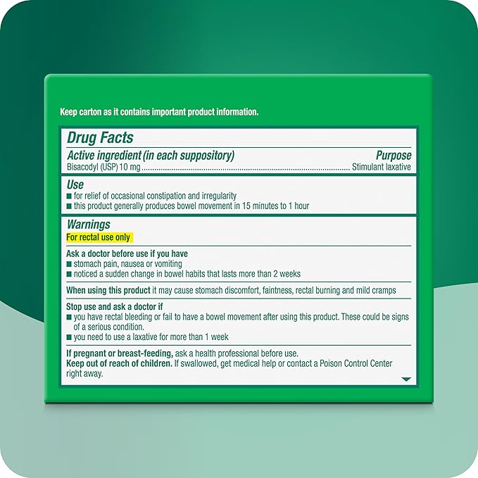 Dulcolax Stimulant Laxative Medicated Suppositories, Predictable & Effective Constipation Relief, Bisacodyl 10 mg, 28 Count, Stimulant Laxatives