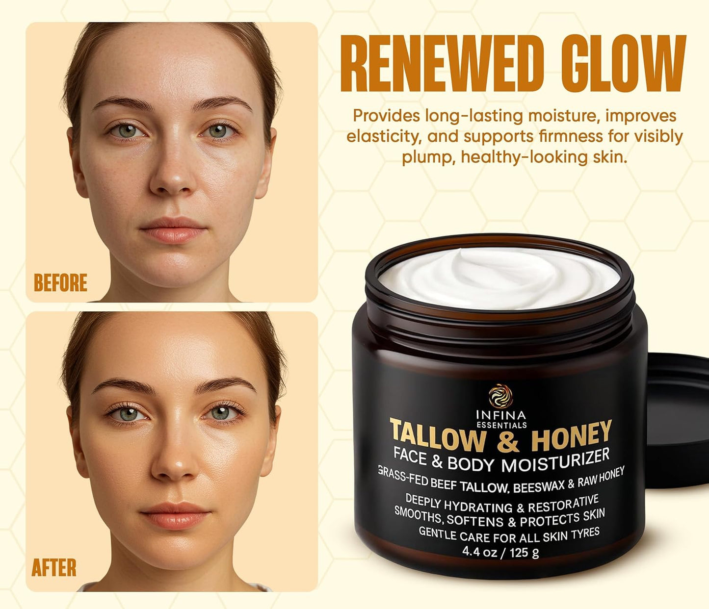 Beef Tallow for Skin with Honey - Grass Fed Beef Tallow for Face Wrinkles - Hydrating Cream Face and Body Moisturizer with Raw Honey and Olive Oil for Dry Skin, Hands, Feet - 4.4 oz