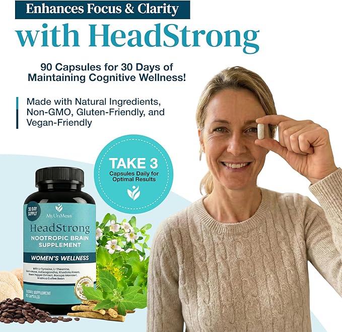 HeadStrong Nootropic Brain Supplement for Women – Cognitive Support Supplements – Advanced Memory Formula for Mood Support & Daily Wellness – Unflavored, Vegan & Gut-Friendly – 90 Capsules