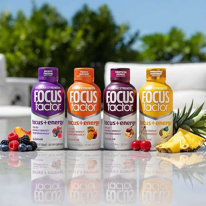 Focus Factor Extra Strength Focus + Energy Shots - 12 x 2oz Bottles (Pineapple Paradise Flavor) - Powered by Nootropics with Caffeine, L-Theanine, Ginkgo, Bacopa, L-Tyrosine, Alpha GPC
