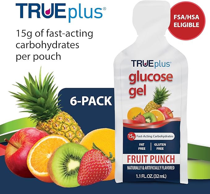 TRUEplus Glucose Gel Pouch, Fruit Punch Flavor, 15g Fast-Acting Carbohydrates, Fat Free, Gluten Free, Quick Support for Low Blood Sugar and Energy, 6 Pack
