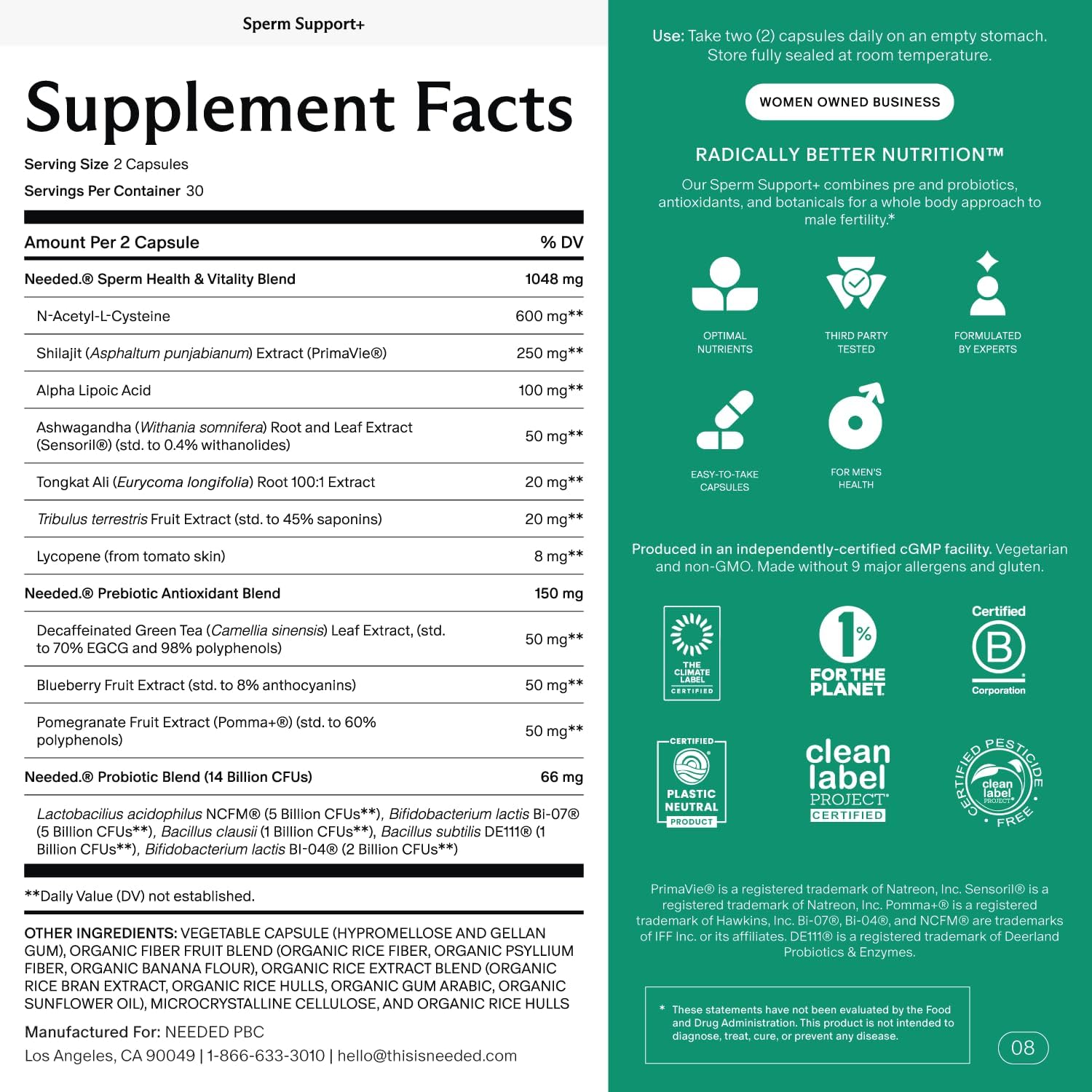 Needed. Sperm Support - Fertility Supplements for Men - Clinically Studied Botanical Ingredients for A Whole Body Approach to Male Fertility - Prenatal Vitamins - 60 Capsules, 30 Day Supply