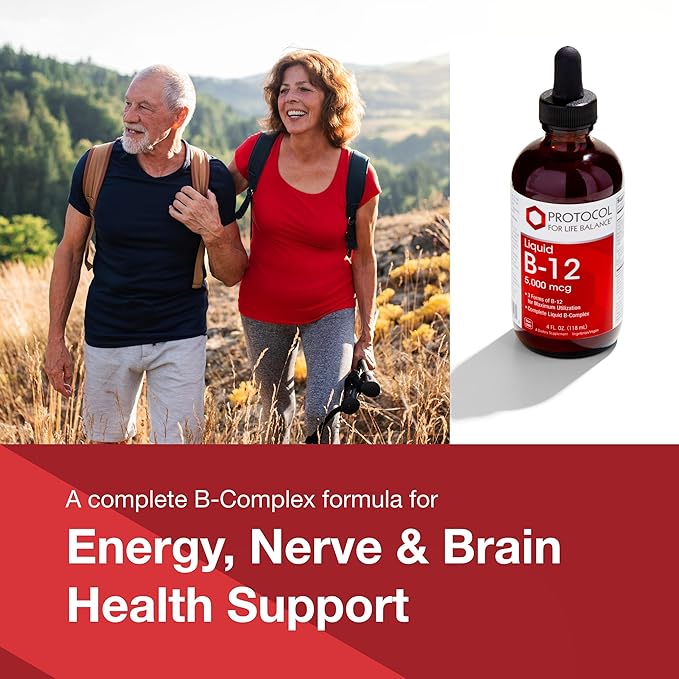 PROTOCOL FOR LIFE BALANCE Liquid B-12 5,000mcg - Nervous System Support - with B Vitamins - Dairy Free & Vegan Vitamin B Liquid - 4 fl oz