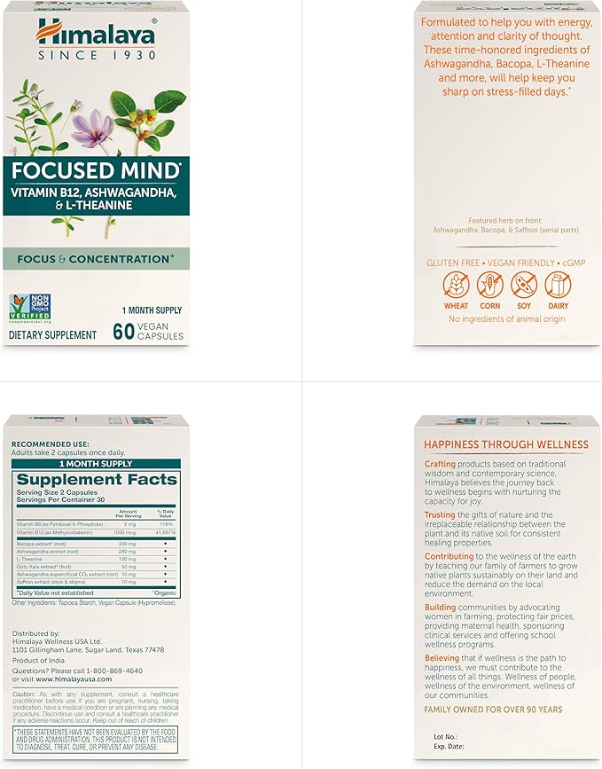 Himalaya Focused Mind Supplement, with Ashwagandha, Bacopa & L-Theanine for Attention, Focus and Energy Support, 60 Vegan Capsules, Gluten Free, 1 Month Supply